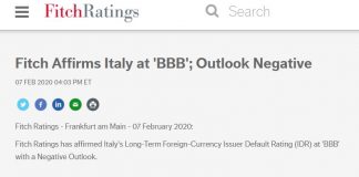 Fitch conferma rating Italia a BBB, outlook negativo