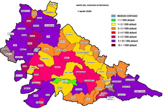 Ecco la mappa del contagio nel mantovano. A Motteggiana la percentuale minore, le zone di confine quelle più critiche