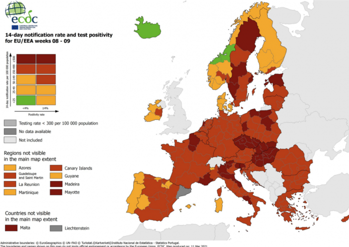 La Lombardia in rosso scuro nella mappa Ue sul rischio Covid. Domani monitoraggio Iss: quasi certa la zona rossa