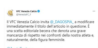 “Da Dagospia titolo becero su Centasso”, il tweet del Venezia Calcio