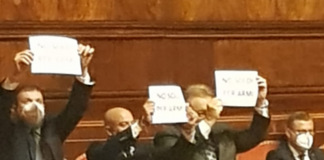 Bagarre in Senato, spuntano i cartelli ‘no soldi per armi’