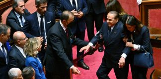 Senato, primo giorno dai selfie ai vaffa: Berlusconi inciampa e Renzi impazza