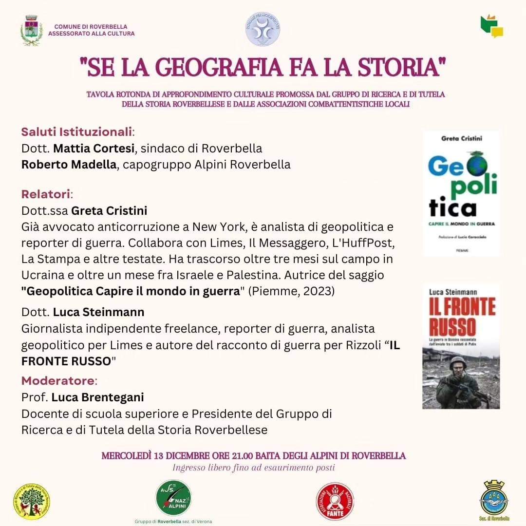 Roverbella, mercoledì 13 si parla di geografia, guerra e storia con  Steinmann e Cristini 