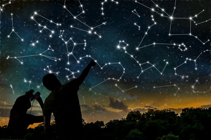 Astrology concept. Constellations on night sky. Silhouettes of a