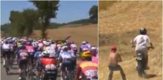 Pazzo Tour de France, tra le bici spunta un tifoso con… gli sci