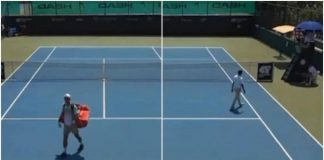 In campo fa caldo, lui vince il set e va a farsi una doccia