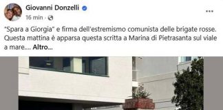 Donzelli pubblica foto scritta su muro: “‘Spara a Giorgia’ a firma Br, non ci fermeremo”