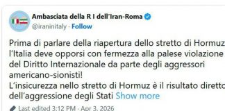 Iran, Teheran: “Riapertura Hormuz? Italia chieda stop aggressione Usa-Israele”